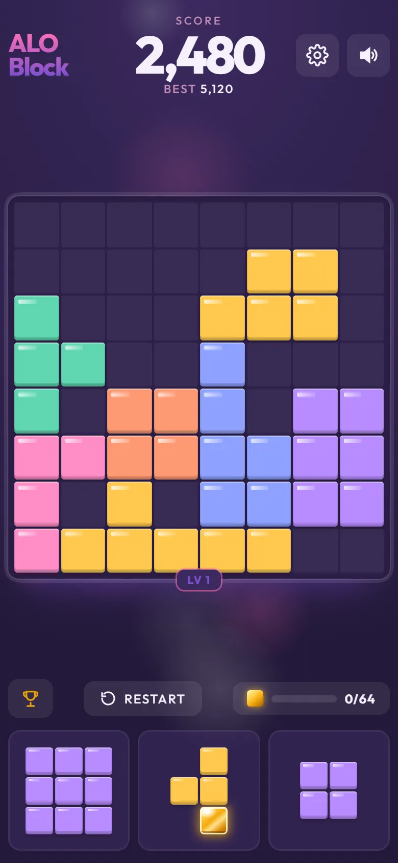 ALO Block gameplay: an 8 by 8 board with colourful jelly blocks