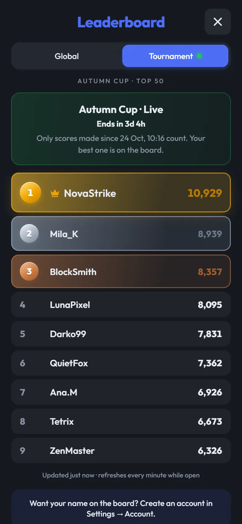 A live tournament with its own leaderboard